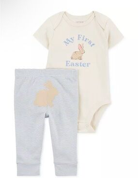 Carter's Cream Bunny "My First Easter" Bodysuit with Light Blue Striped Pants